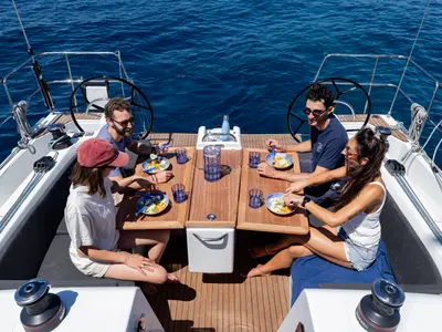 Deck of XTC 4 U, a Jeanneau Sun Odyssey 415 sailboat at Pula, Croatia