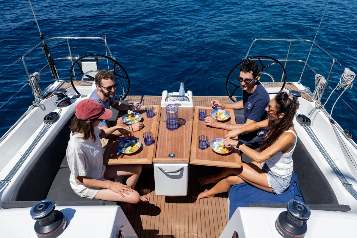 Deck of XTC 4 U, a Jeanneau Sun Odyssey 415 sailboat at Pula, Croatia