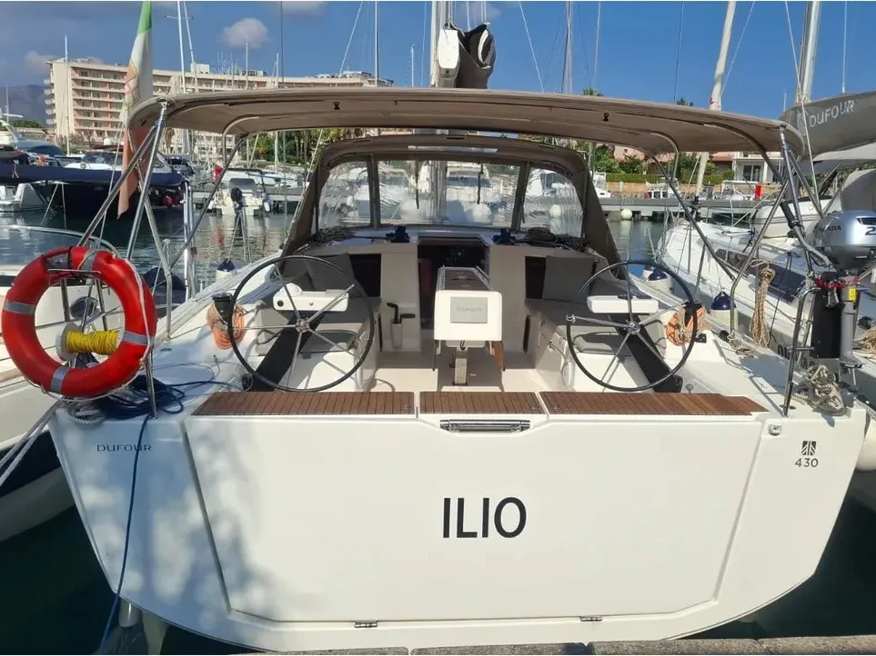 Exterior view of Ilio, a Dufour 430 sailboat at Cagliari, Italy