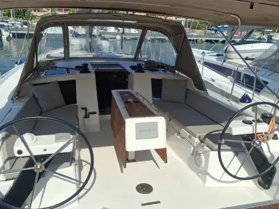 Cockpit of Ilio, a Dufour 430 sailboat at Cagliari, Italy