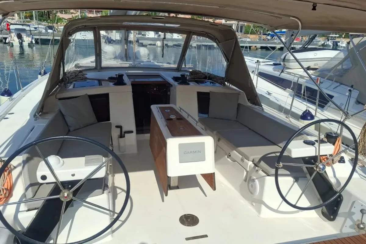 Cockpit of Ilio, a Dufour 430 sailboat at Cagliari, Italy