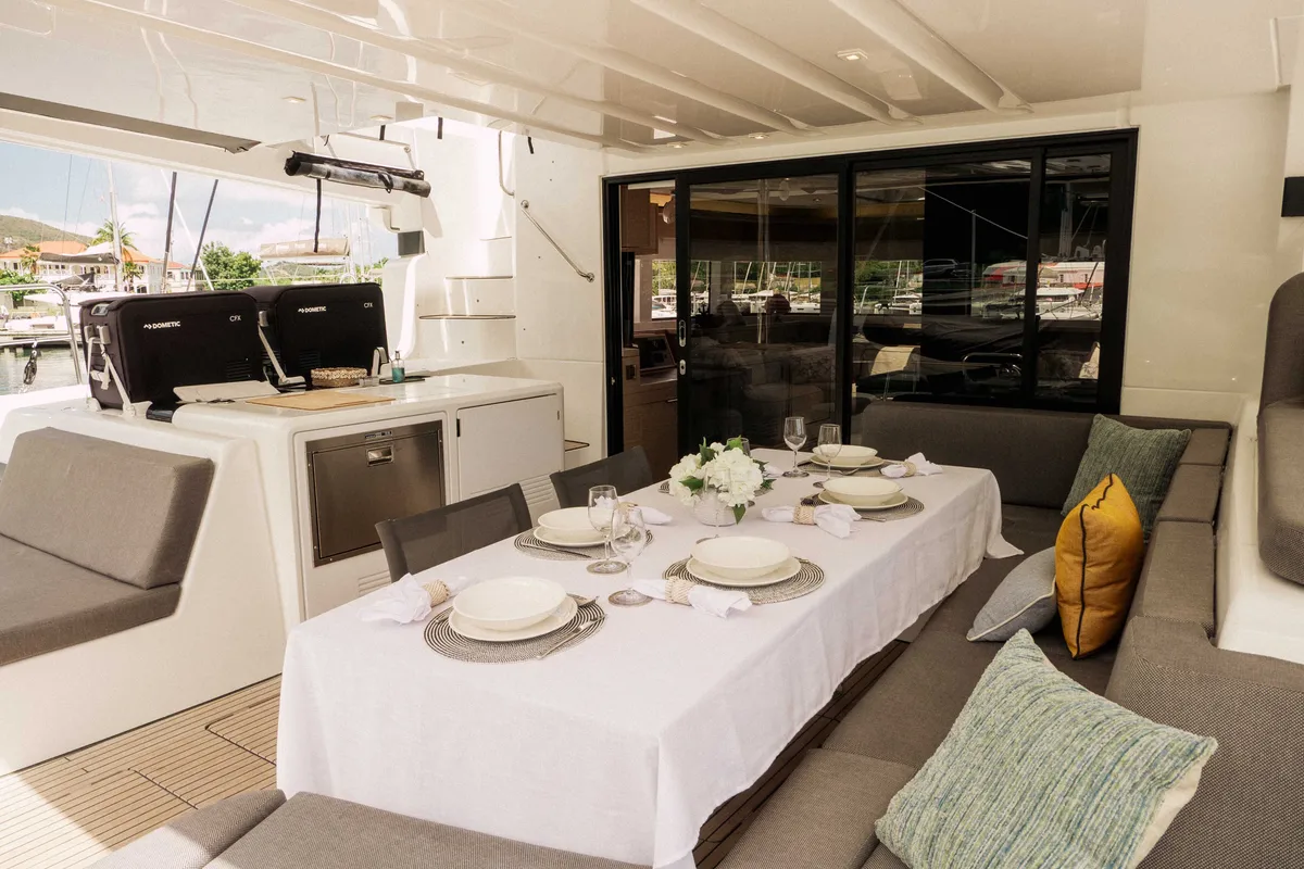 Deck of Luna Nova, a Lagoon 55 catamaran at Parham Town, British Virgin Islands