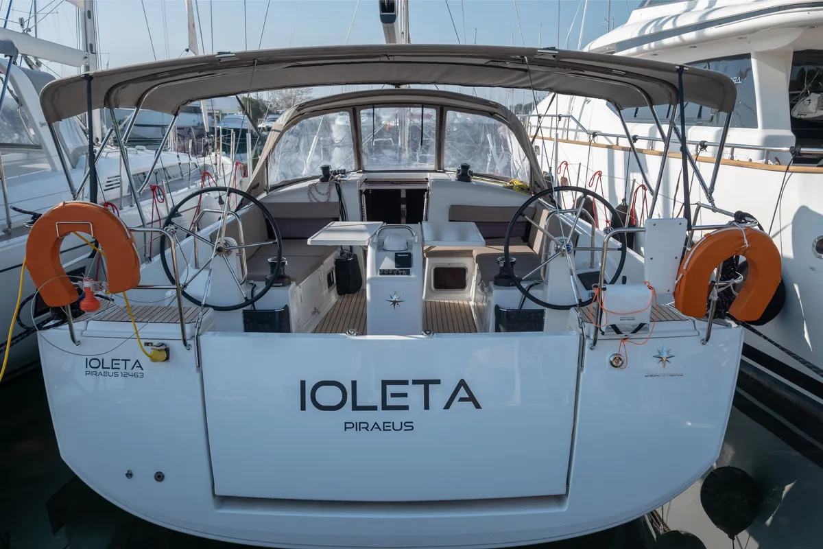 Exterior view of Ioleta, a Jeanneau Sun Odyssey 440 sailboat at Municipal Unit of Lefkada, Greece