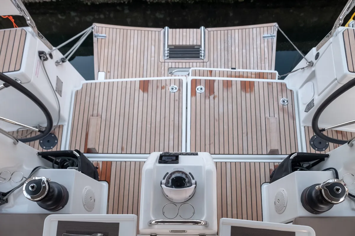 Deck of Ioleta, a Jeanneau Sun Odyssey 440 sailboat at Municipal Unit of Lefkada, Greece