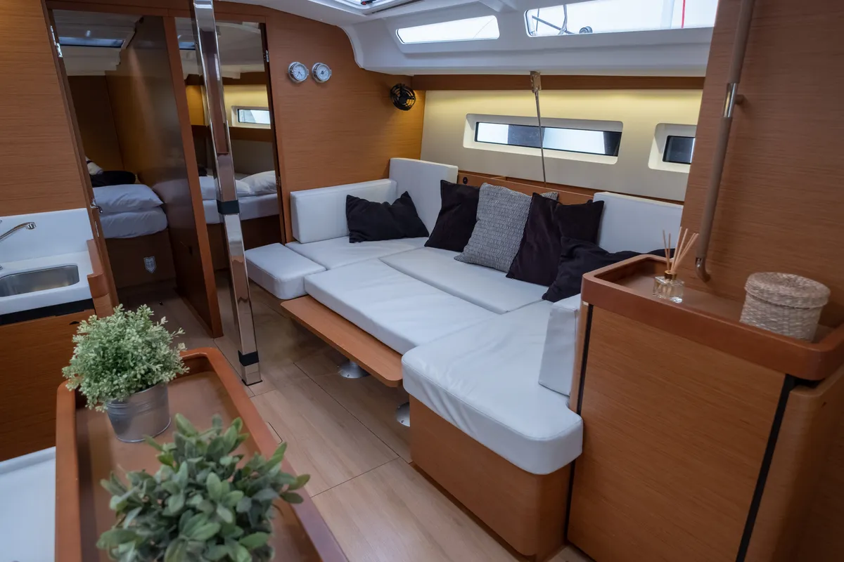 Salon of Ioleta, a Jeanneau Sun Odyssey 440 sailboat at Municipal Unit of Lefkada, Greece