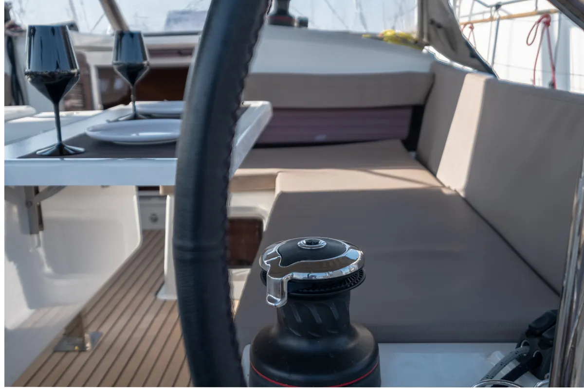 Deck of Ioleta, a Jeanneau Sun Odyssey 440 sailboat at Municipal Unit of Lefkada, Greece