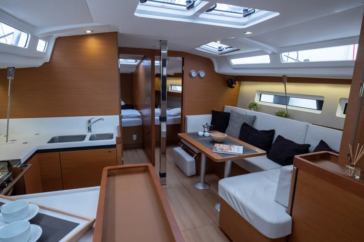 Salon of Ioleta, a Jeanneau Sun Odyssey 440 sailboat at Municipal Unit of Lefkada, Greece