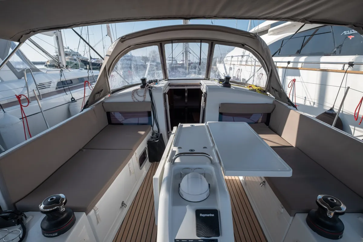 Cockpit of Ioleta, a Jeanneau Sun Odyssey 440 sailboat at Municipal Unit of Lefkada, Greece