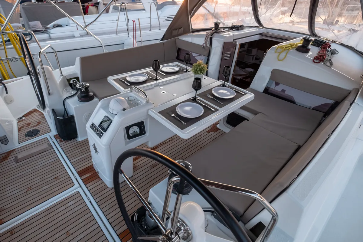 Cockpit of Ioleta, a Jeanneau Sun Odyssey 440 sailboat at Municipal Unit of Lefkada, Greece