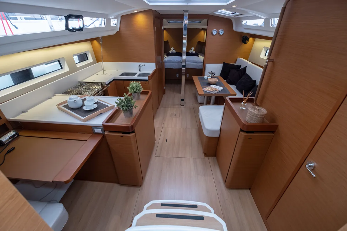 Salon of Ioleta, a Jeanneau Sun Odyssey 440 sailboat at Municipal Unit of Lefkada, Greece