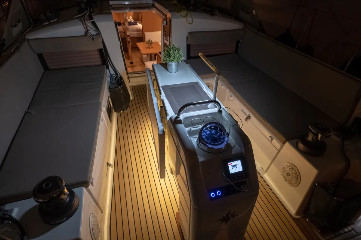 Cockpit of Ioleta, a Jeanneau Sun Odyssey 440 sailboat at Municipal Unit of Lefkada, Greece