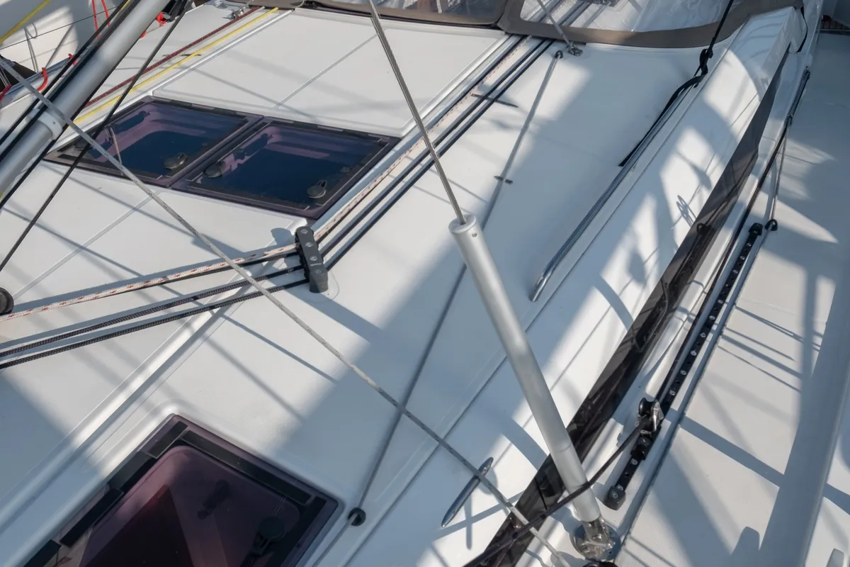 Deck of Ioleta, a Jeanneau Sun Odyssey 440 sailboat at Municipal Unit of Lefkada, Greece