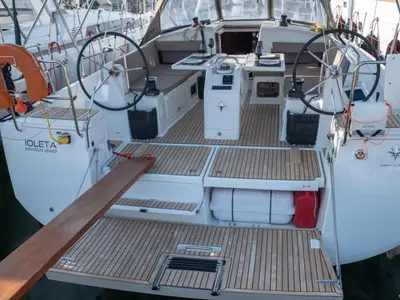 Deck of Ioleta, a Jeanneau Sun Odyssey 440 sailboat at Municipal Unit of Lefkada, Greece