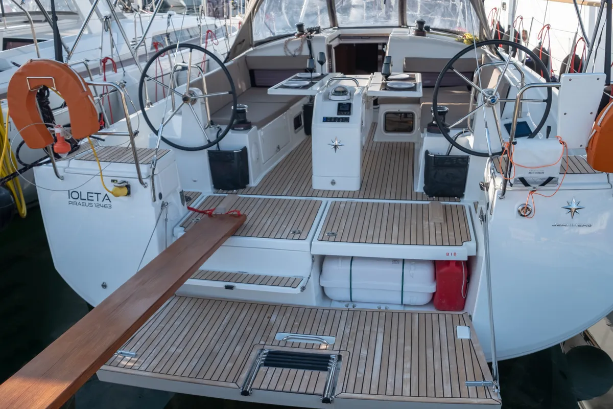 Deck of Ioleta, a Jeanneau Sun Odyssey 440 sailboat at Municipal Unit of Lefkada, Greece