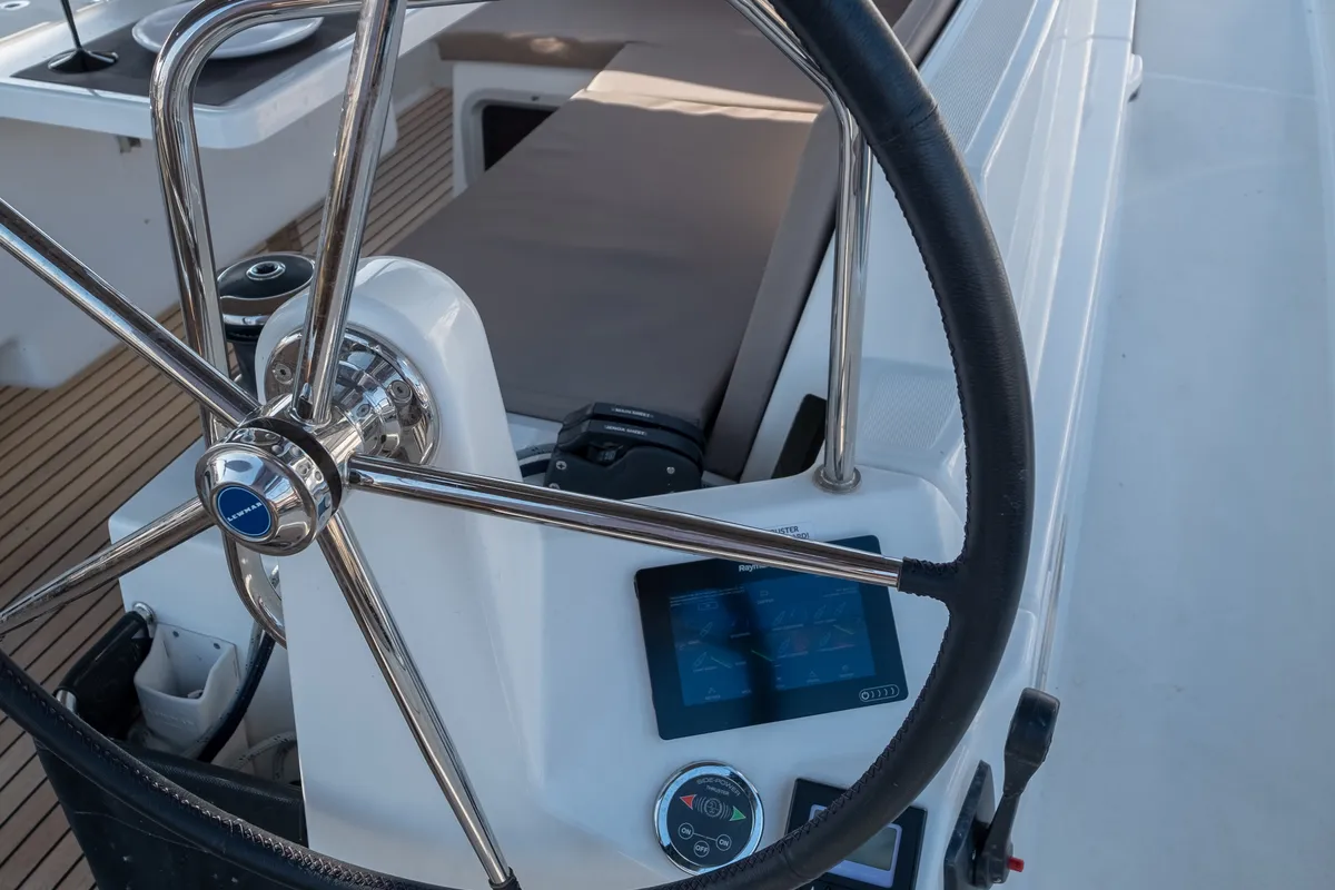 Cockpit of Ioleta, a Jeanneau Sun Odyssey 440 sailboat at Municipal Unit of Lefkada, Greece