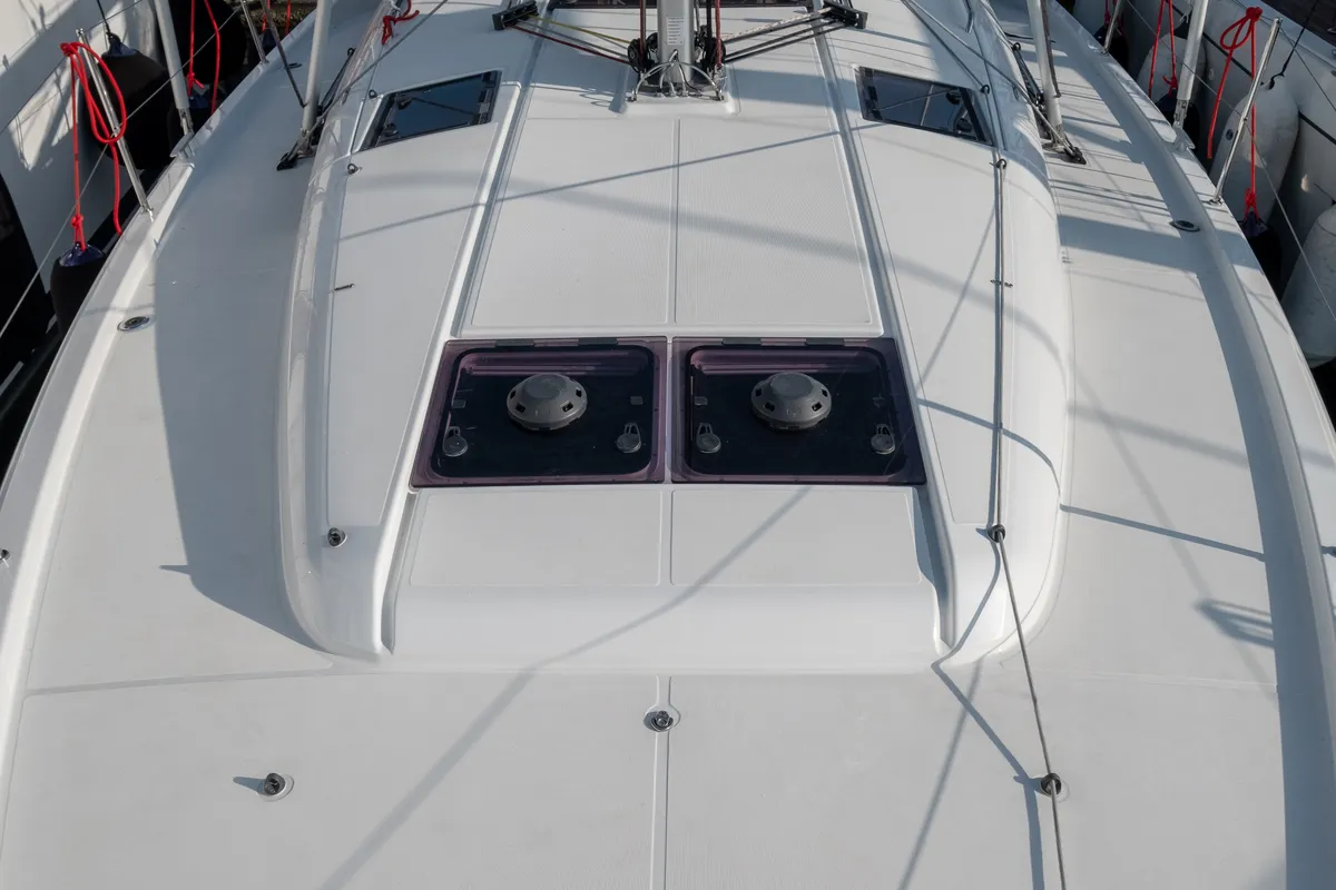 Deck of Ioleta, a Jeanneau Sun Odyssey 440 sailboat at Municipal Unit of Lefkada, Greece