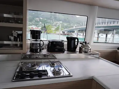 Galley of Trinity, a Lagoon 46 catamaran at Roche Caiman, Seychelles