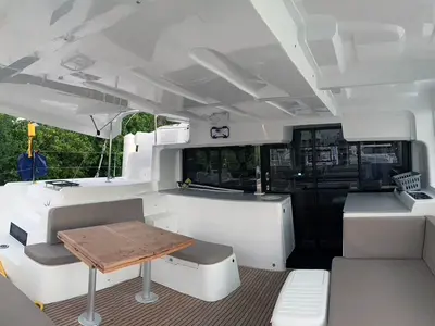 Trinity, a Lagoon 46 catamaran at Roche Caiman, Seychelles