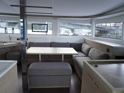Salon of Trinity, a Lagoon 46 catamaran at Roche Caiman, Seychelles