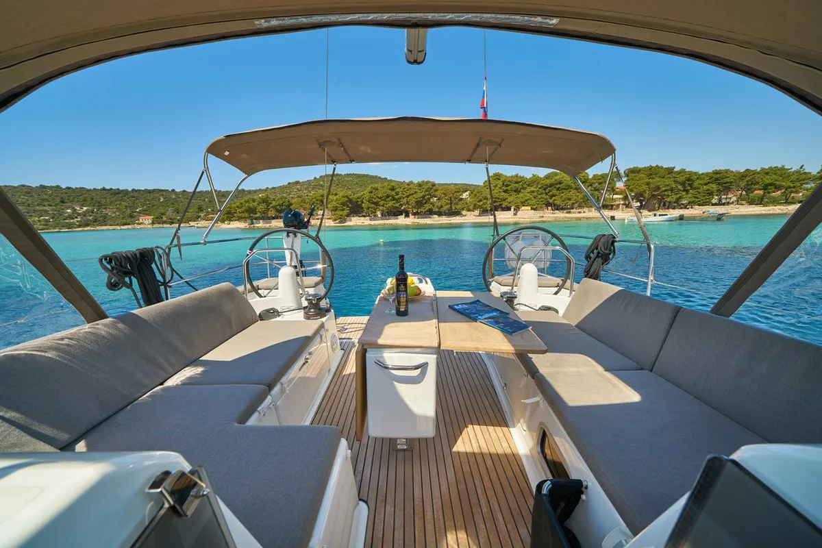 Deck of Lucia II, a Jeanneau Sun Odyssey 440 sailboat at Seget Donji, Croatia