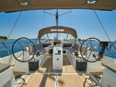 Cockpit of Lucia II, a Jeanneau Sun Odyssey 440 sailboat at Seget Donji, Croatia