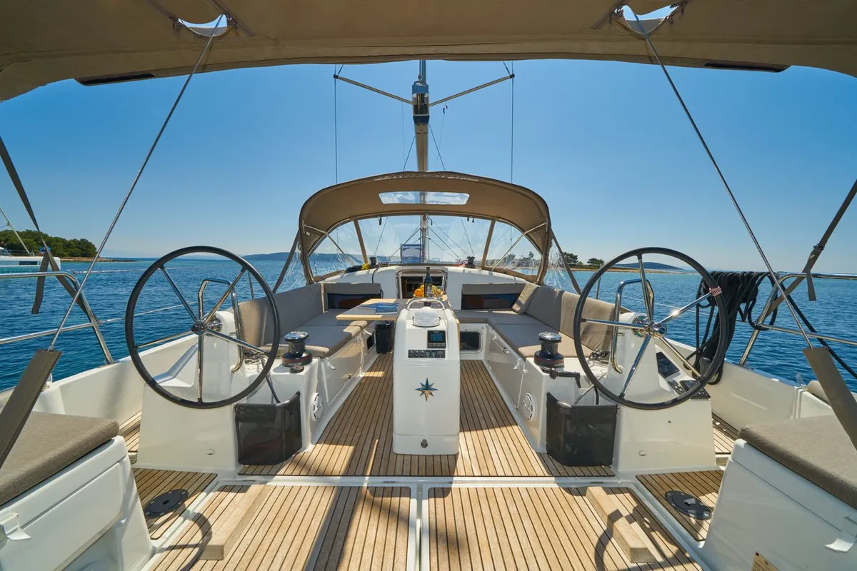Cockpit of Lucia II, a Jeanneau Sun Odyssey 440 sailboat at Seget Donji, Croatia