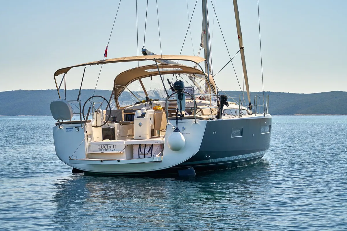 Exterior view of Lucia II, a Jeanneau Sun Odyssey 440 sailboat at Seget Donji, Croatia