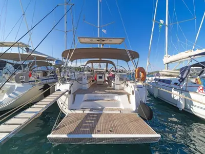 Deck of COSTA COSTA, a Bavaria Cruiser 45 sailboat at Volos, Greece