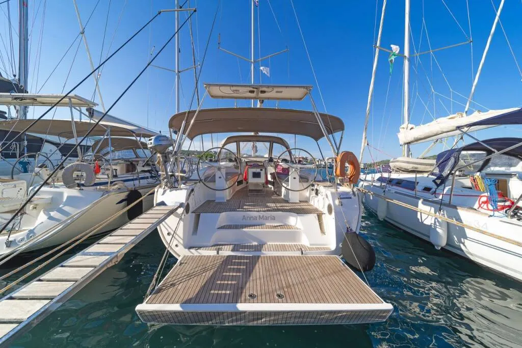 Deck of COSTA COSTA, a Bavaria Cruiser 45 sailboat at Volos, Greece