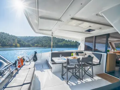Deck of First Step, a Fountaine Pajot Isla 40 catamaran at Skradin, Croatia