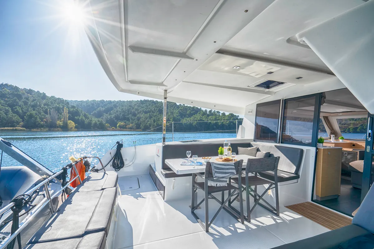 Deck of First Step, a Fountaine Pajot Isla 40 catamaran at Skradin, Croatia