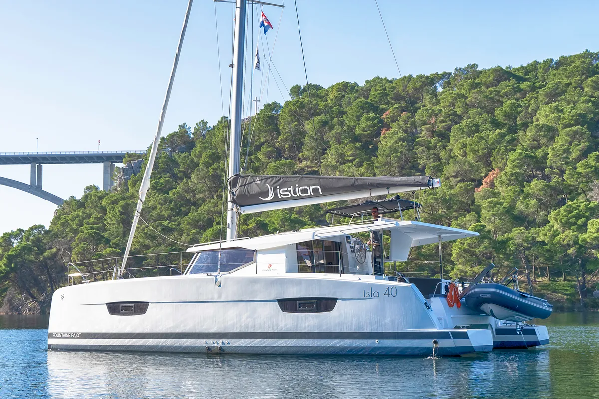 Exterior view of First Step, a Fountaine Pajot Isla 40 catamaran at Skradin, Croatia