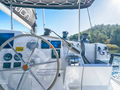 Cockpit of First Step, a Fountaine Pajot Isla 40 catamaran at Skradin, Croatia