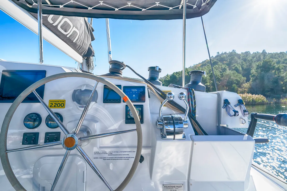 Cockpit of First Step, a Fountaine Pajot Isla 40 catamaran at Skradin, Croatia