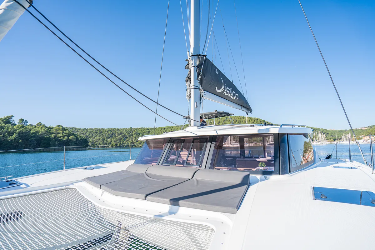 Deck of First Step, a Fountaine Pajot Isla 40 catamaran at Skradin, Croatia