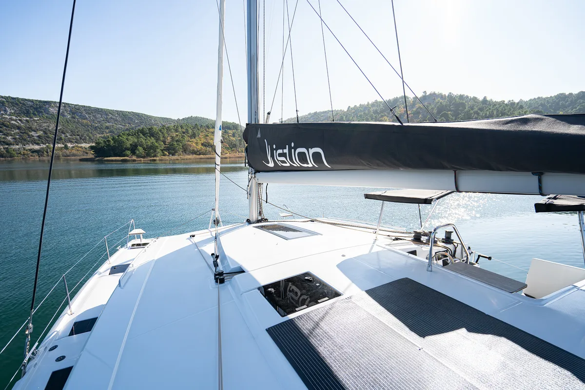 Deck of First Step, a Fountaine Pajot Isla 40 catamaran at Skradin, Croatia