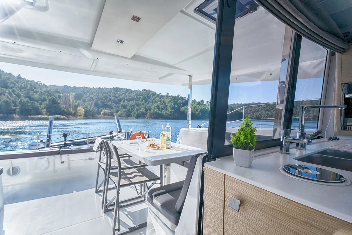 Deck of First Step, a Fountaine Pajot Isla 40 catamaran at Skradin, Croatia