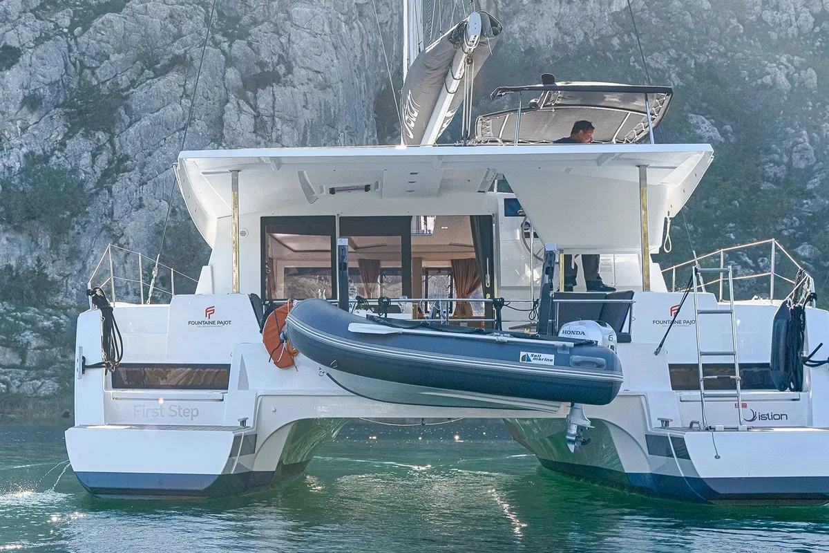 Exterior view of First Step, a Fountaine Pajot Isla 40 catamaran at Skradin, Croatia