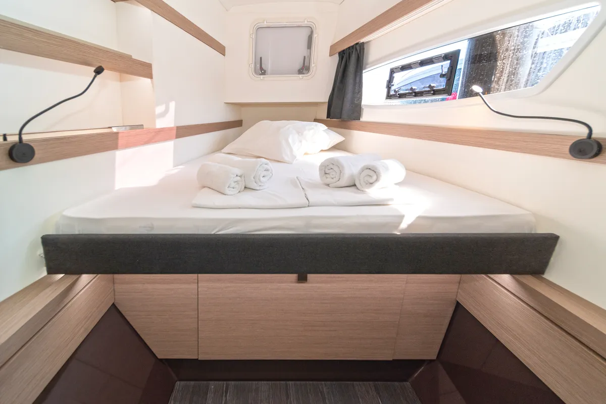 Cabin on First Step, a Fountaine Pajot Isla 40 catamaran at Skradin, Croatia