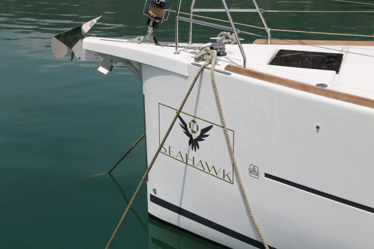 Exterior view of Sea Hawk, a Dufour 460 Grand Large sailboat at Kaštela, Croatia