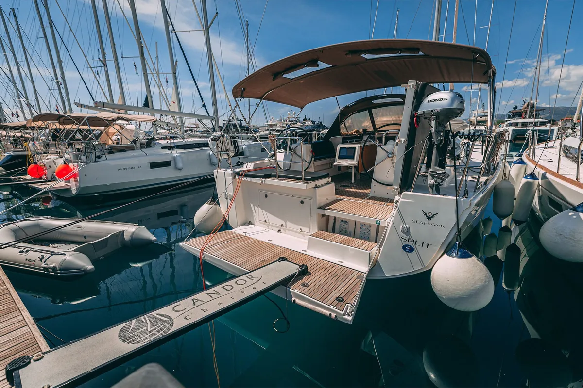 Exterior view of Sea Hawk, a Dufour 460 Grand Large sailboat at Kaštela, Croatia
