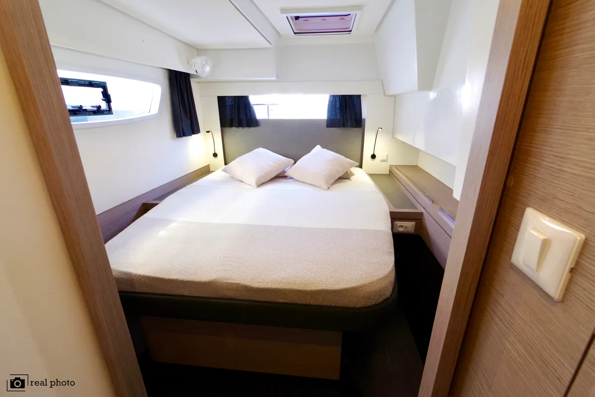 Cabin on Orsa 3, a Fountaine Pajot Saona 47 Quintet catamaran at Cannigione, Italy