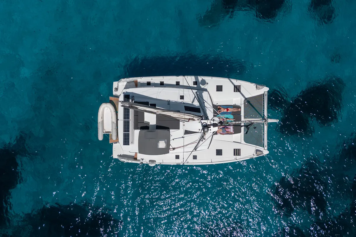 Exterior view of Orsa 3, a Fountaine Pajot Saona 47 Quintet catamaran at Cannigione, Italy