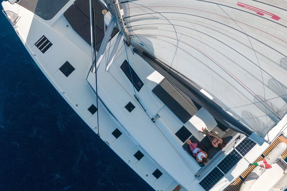 Deck of Orsa 3, a Fountaine Pajot Saona 47 Quintet catamaran at Cannigione, Italy