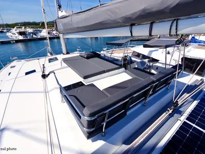 Deck of Orsa 3, a Fountaine Pajot Saona 47 Quintet catamaran at Cannigione, Italy