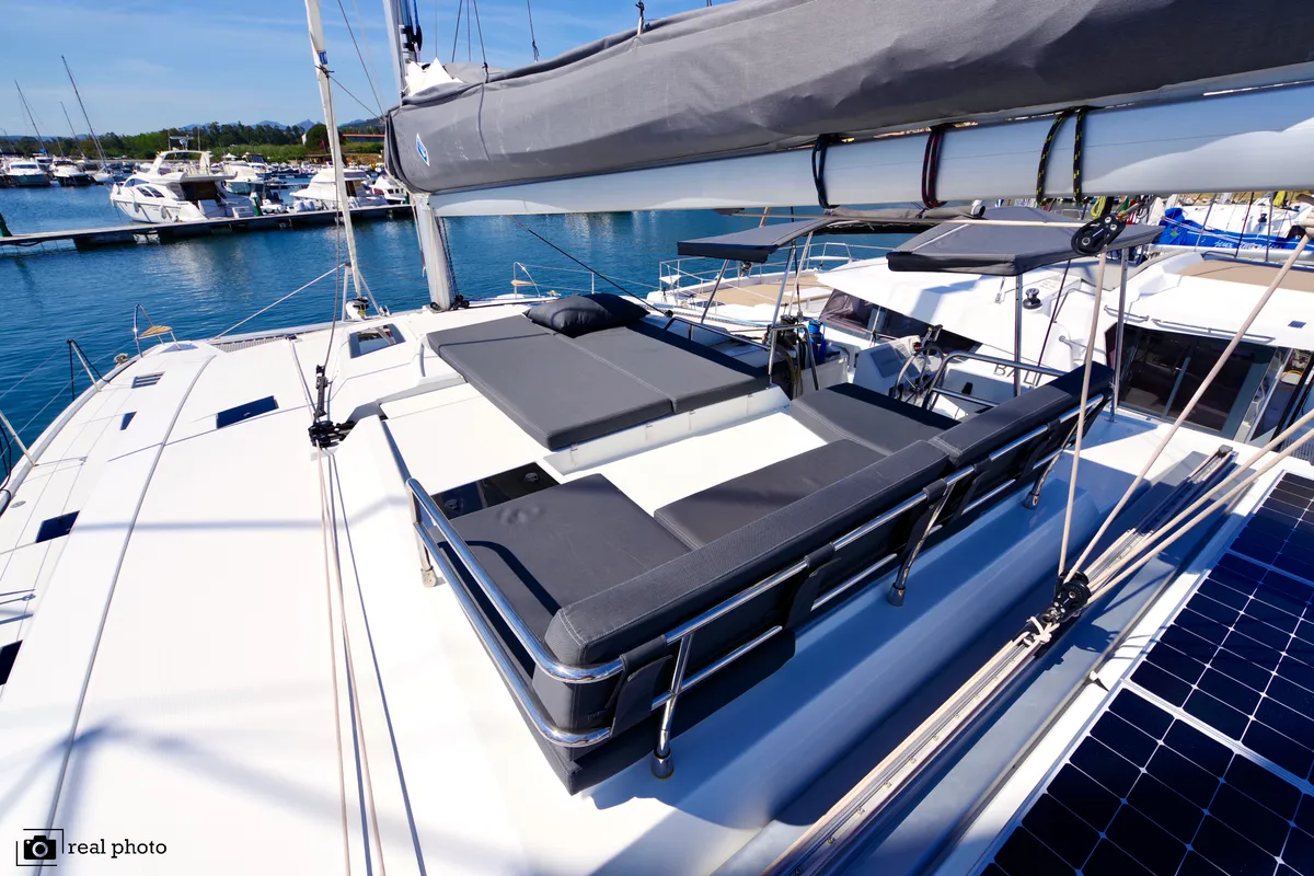 Deck of Orsa 3, a Fountaine Pajot Saona 47 Quintet catamaran at Cannigione, Italy