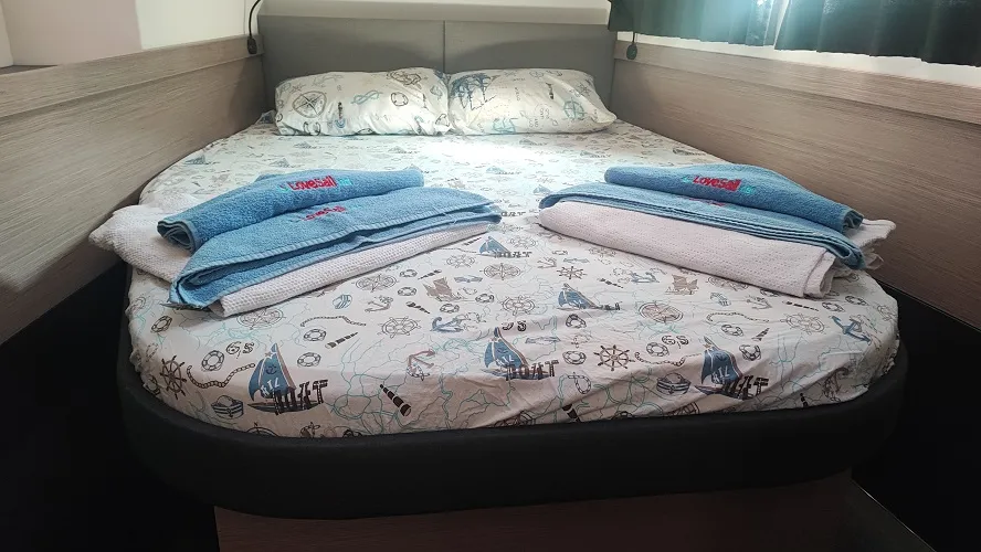 Cabin on Lalom, a Fountaine Pajot Elba 45 catamaran at Fethiye, Turkey