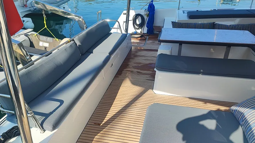 Deck of Lalom, a Fountaine Pajot Elba 45 catamaran at Fethiye, Turkey
