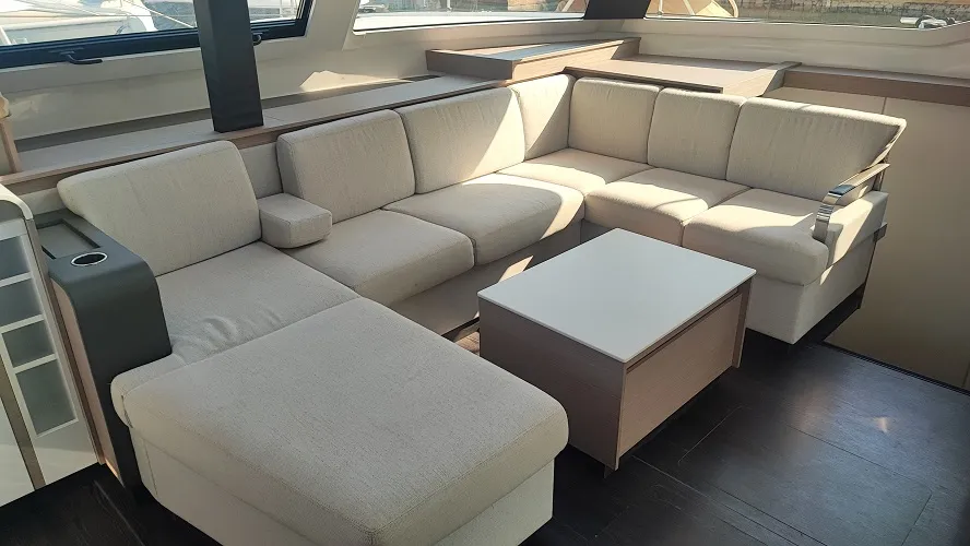 Salon of Lalom, a Fountaine Pajot Elba 45 catamaran at Fethiye, Turkey