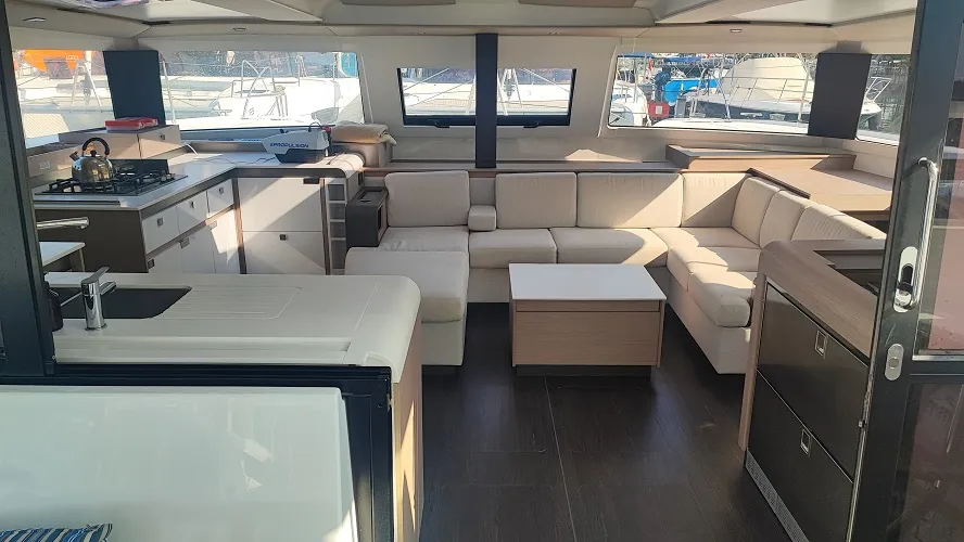 Salon of Lalom, a Fountaine Pajot Elba 45 catamaran at Fethiye, Turkey